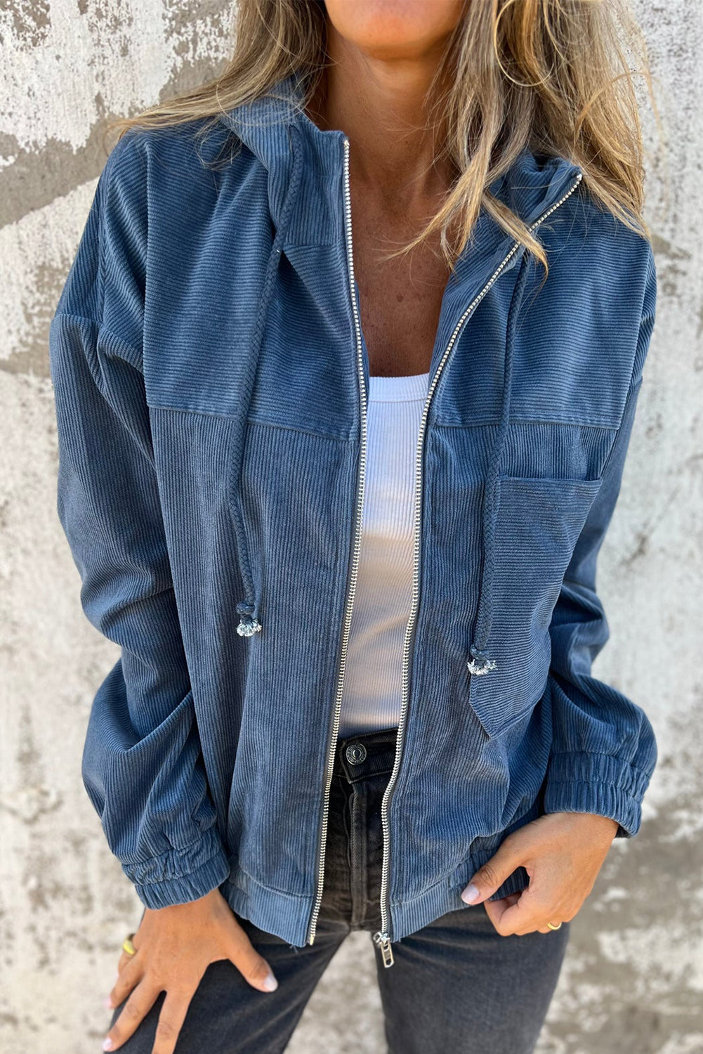 Teal Kapuzenjacke mit verstellbarem Kordelzug und Reißverschluss