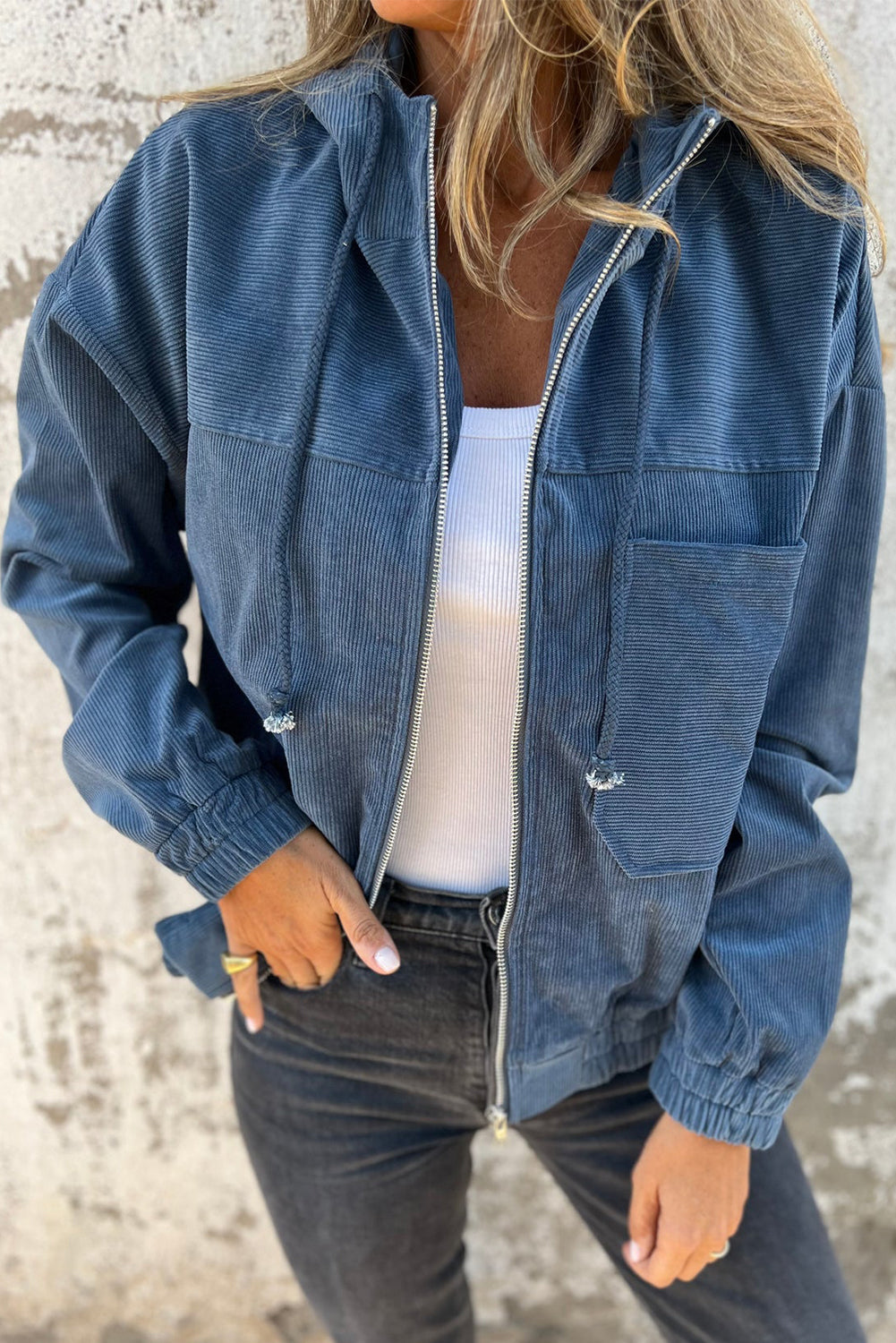 Teal Kapuzenjacke mit verstellbarem Kordelzug und Reißverschluss