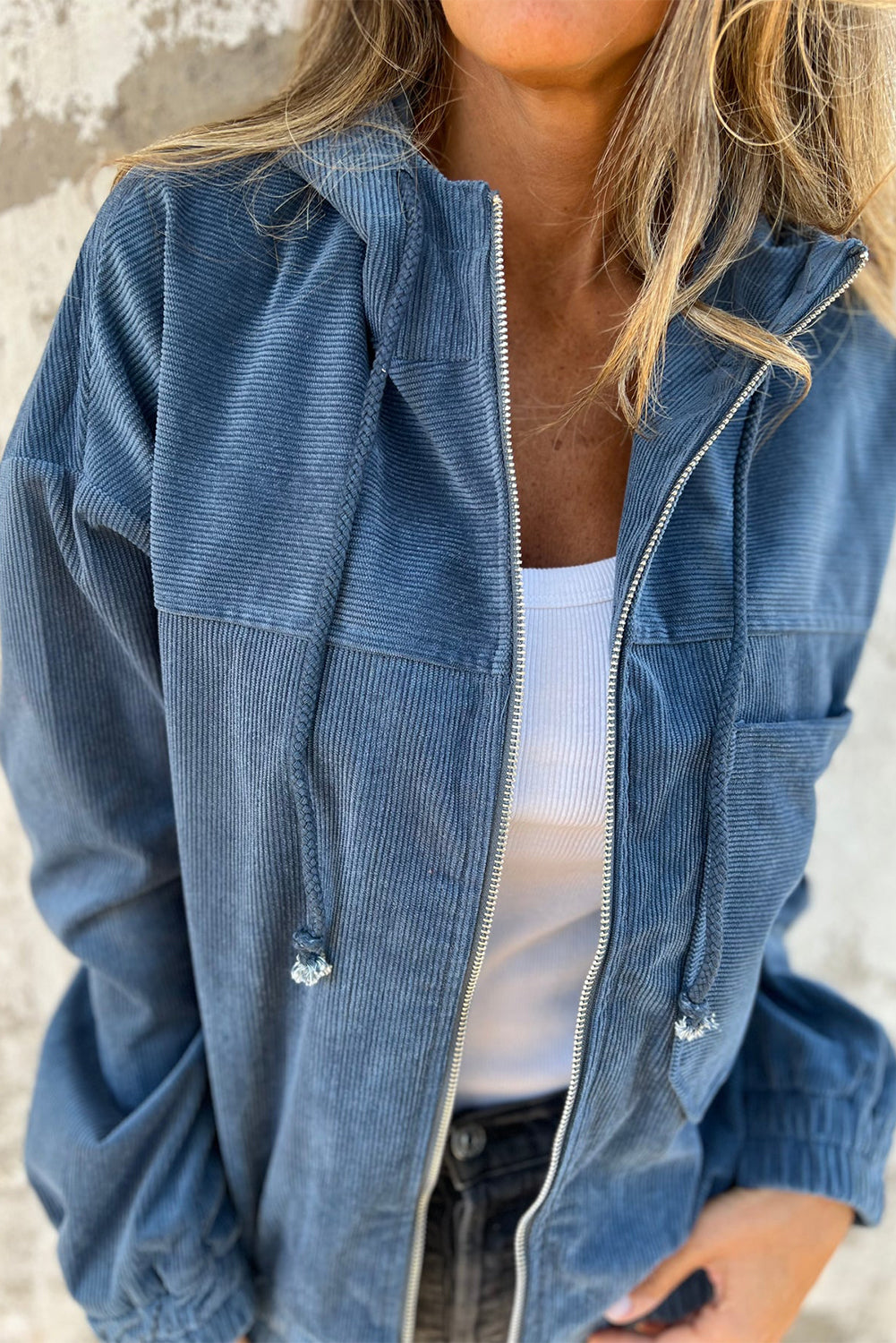 Teal Kapuzenjacke mit verstellbarem Kordelzug und Reißverschluss