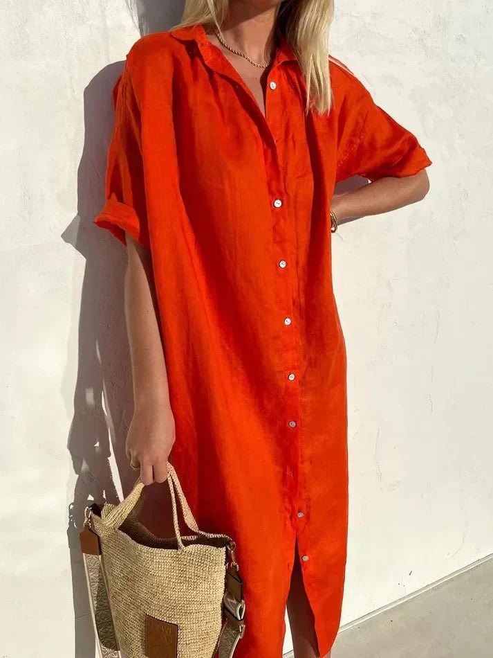 Stylisches Damenkleid aus Baumwolle und Leinen mit weiten Ärmeln und Knopfdetails